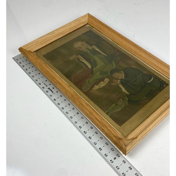 Antique Japanese Woodblock Framed Print Of Two Monks Sewing Keijo 25inL x 16inW - Picture 7 of 7